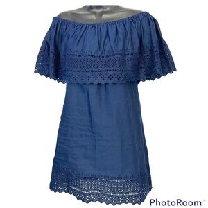 ASOS Navy Eyelet Off Shoulder Cotton/Linen Dress